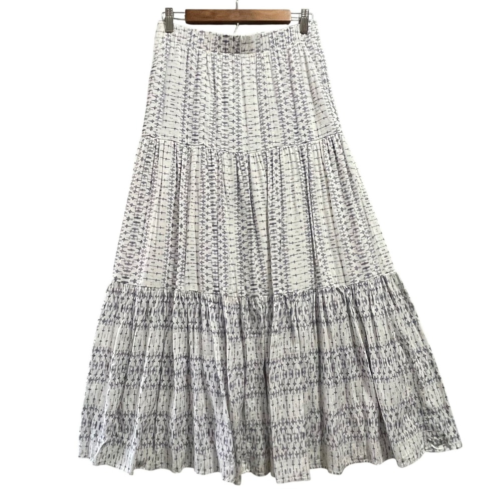 Splendid Maxi Skirt Women Linen Blend M Grey White Tiered Boho Ikat Beachy